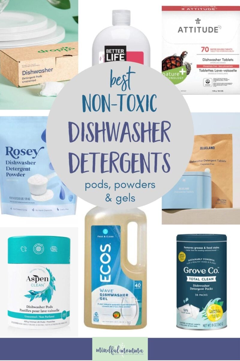 Discover the best non-toxic dishwasher detergent powder, pods and liquid made with natural ingredients and eco-friendly packaging, so you can find a dishwasher detergent that is free from harsh chemicals and that works best for your needs! via @MindfulMomma