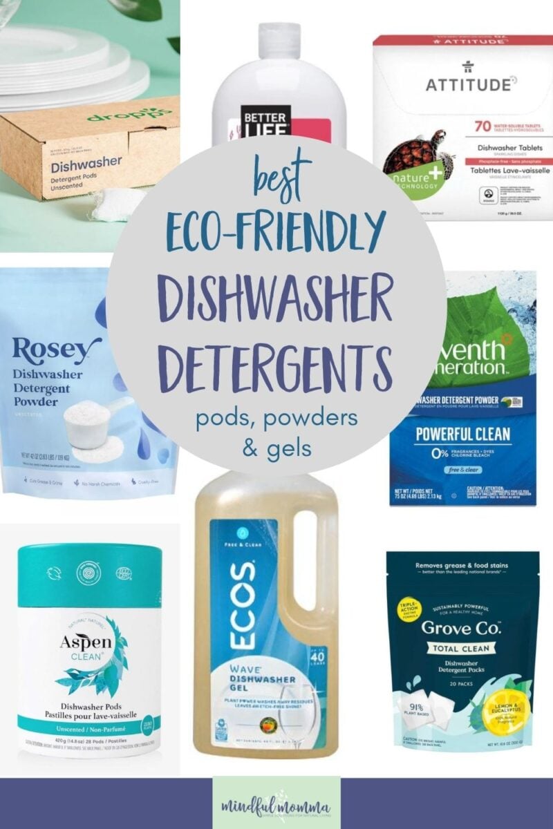 Discover the best non-toxic dishwasher detergent powder, pods and liquid made with natural ingredients and eco-friendly packaging, so you can find a dishwasher detergent that is free from harsh chemicals and that works best for your needs! via @MindfulMomma